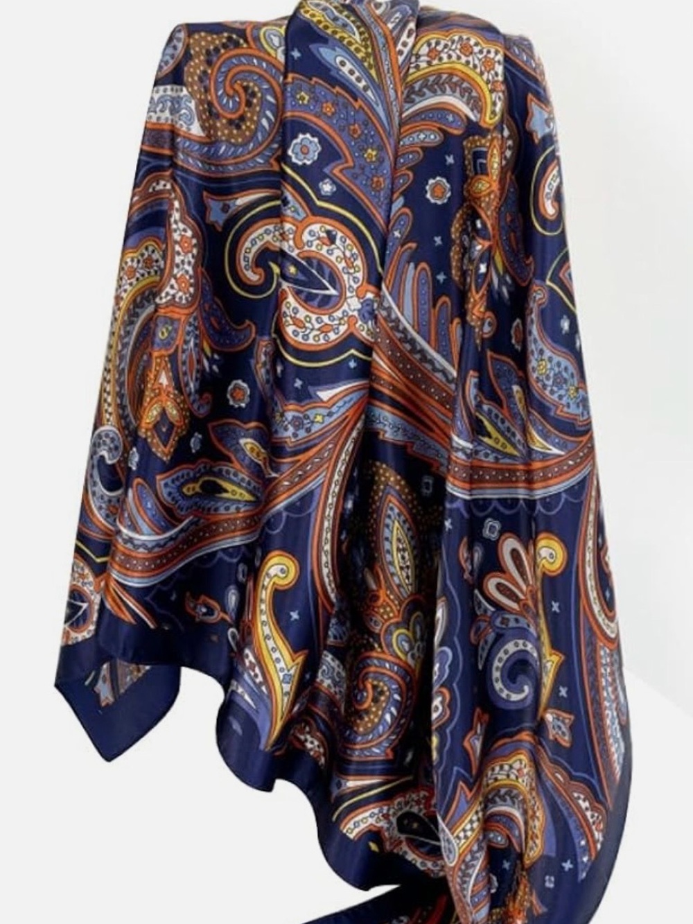 Navy Paisley Silk-Look Scarf with Orange & Gold Accents